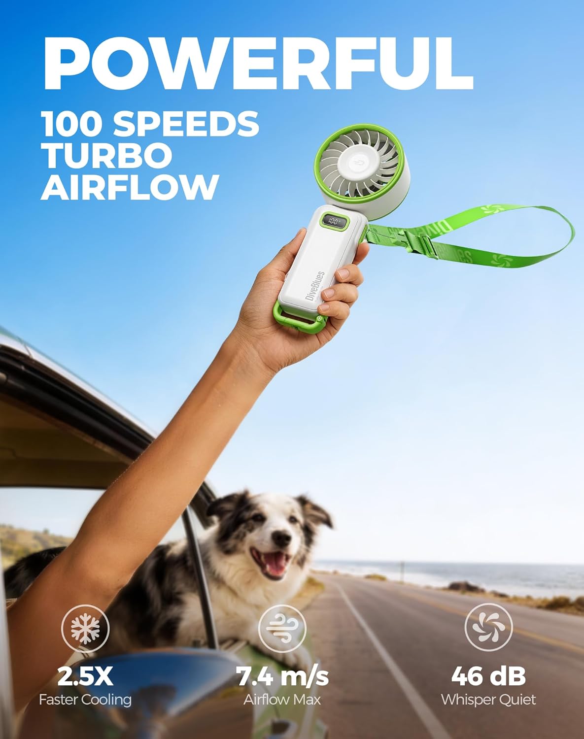 Diveblues Portable Turbo Fan, Handheld Fan 3-in-1 Neck Desk Foldable Design with Stepless Speed Control, Digital Display, USB-C Rechargeable, Up to 12H Cooling for Travel & Outdoor