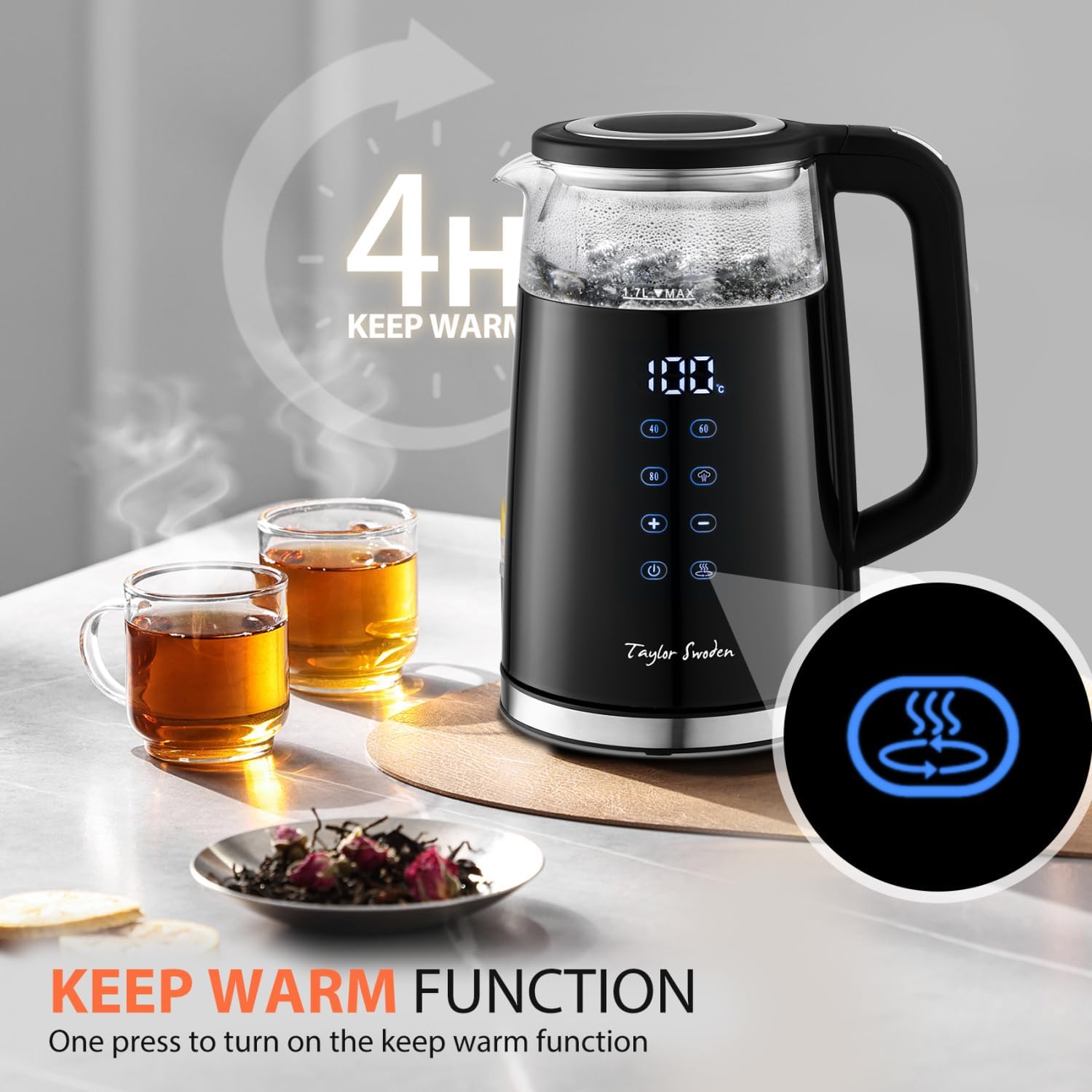 Swoden 1.7L Electric Kettle with Temperature Control, Digital Display, Double-Walled Glass, 2200W, Keep Warm – Black