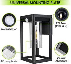 Black outdoor light fixture with labeled components on a white background