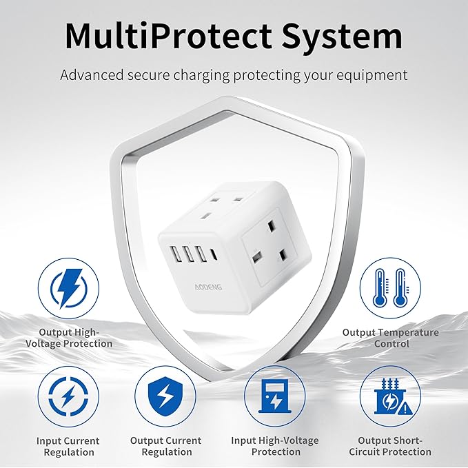UK to European Plug Adapter with 1.5M Extension Lead – 4 Way Travel Extension with 4 USB Ports Type E/F Adaptor
