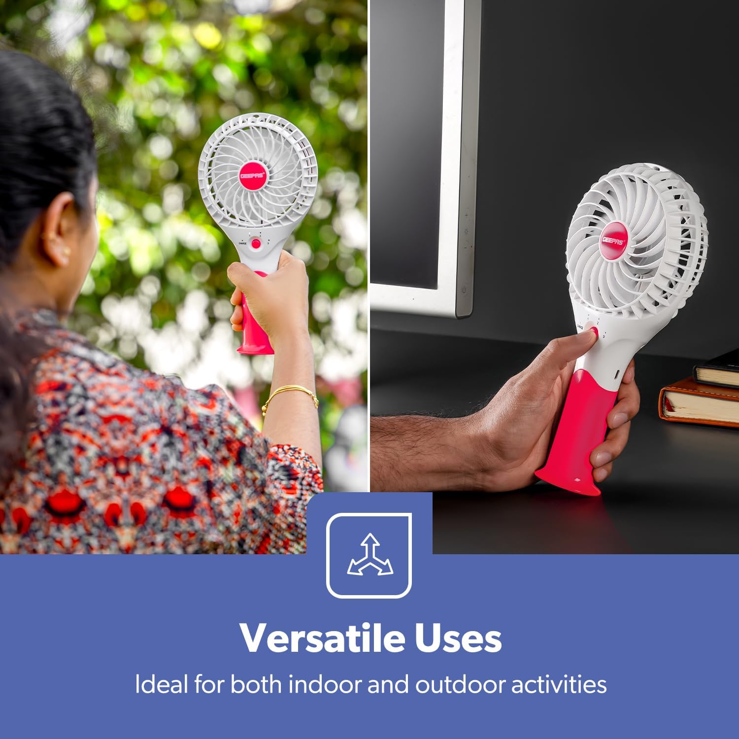 GEEPAS Rechargeable Fan | Mini Portable USB Handheld Fan for Home Office Travel Outdoor Personal Use | 3 Speed Settings 8H Run Time Ultra Quiet Lightweight Air Circulator | 2 Year Warranty Pink