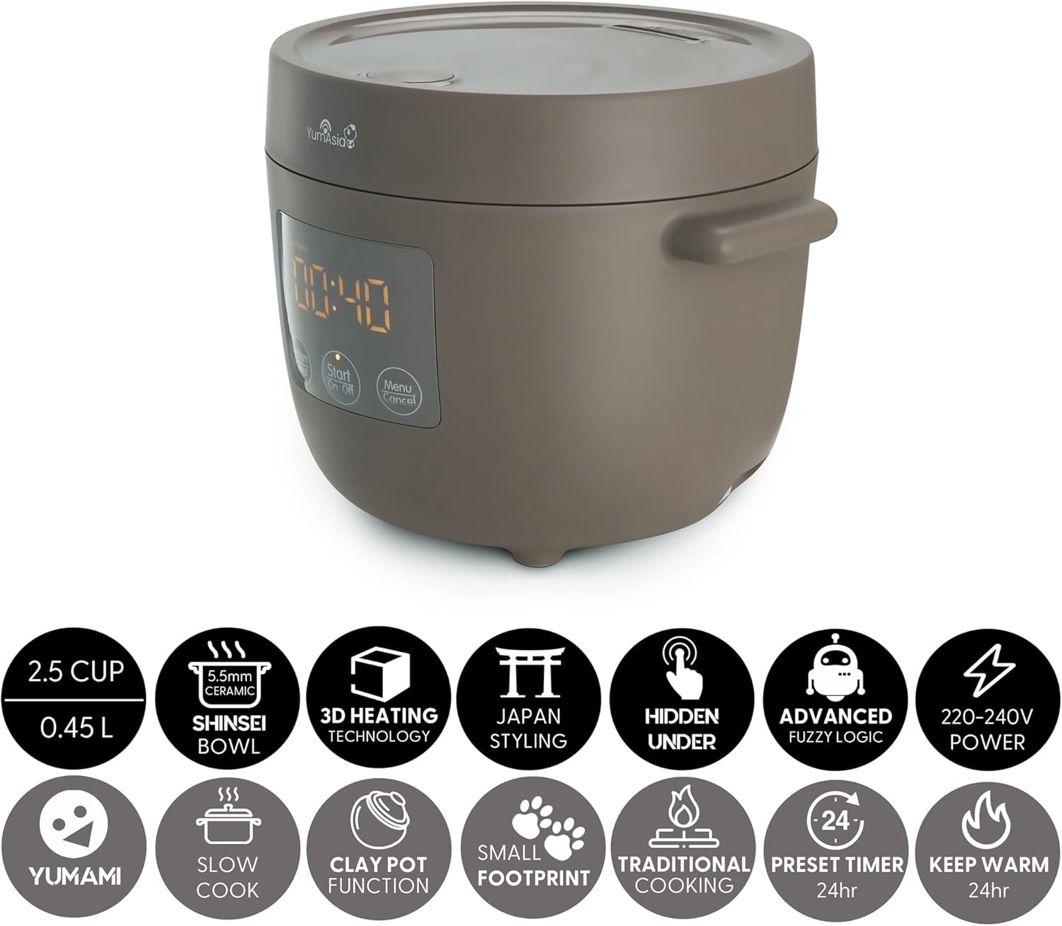 Yum Asia Tsuki Mini Rice Cooker – Pebble Grey – 0.45L Shinsei Ceramic Bowl
