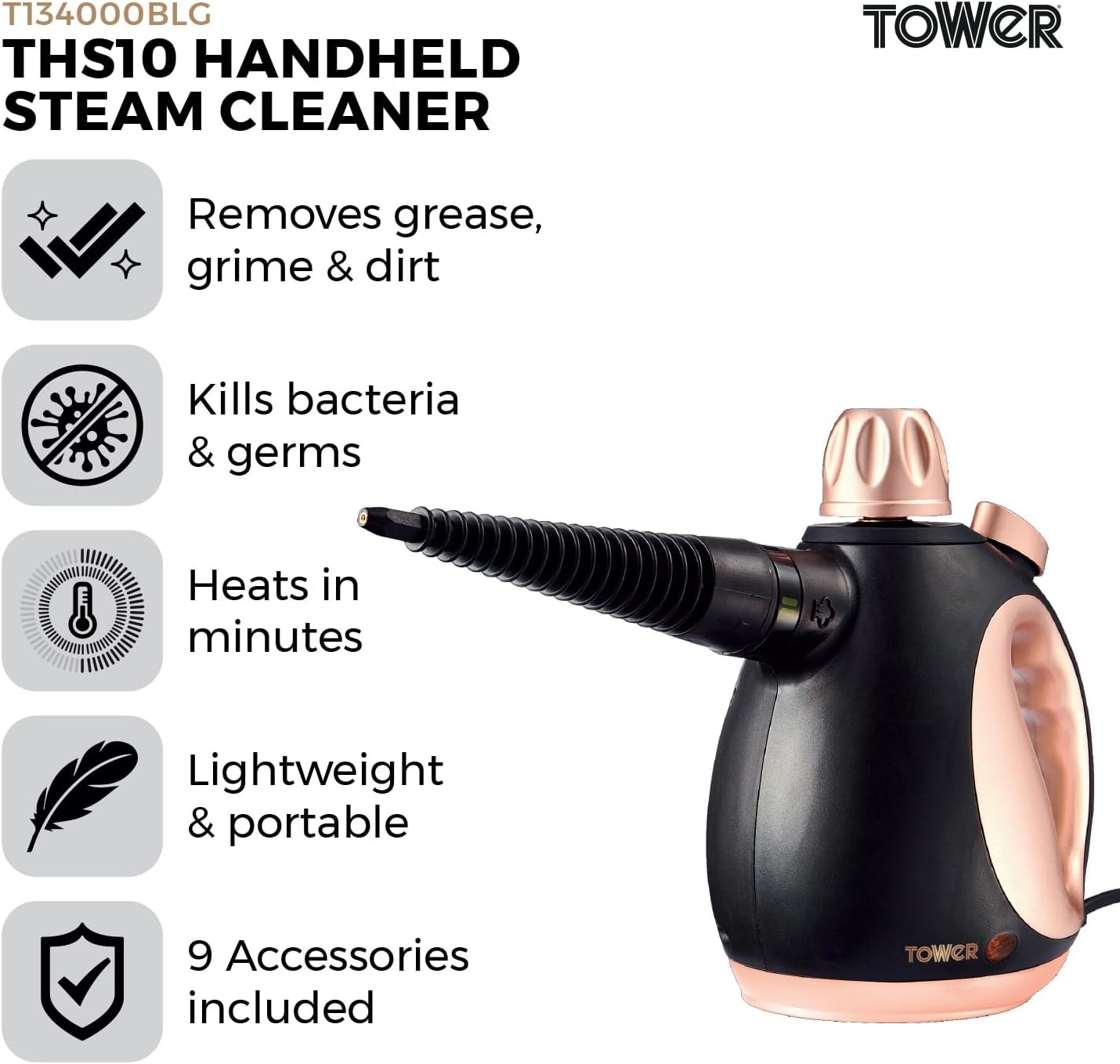 Tower THS10 Handheld Steam Cleaner – 1050W, 250ml