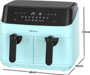 9L Dual Air Fryer XXL Family Size – 8 Presets, Oil-Free Healthy Cooking, Easy-Clean Metal Interior, 99-Min Timer – Aqua Blue
