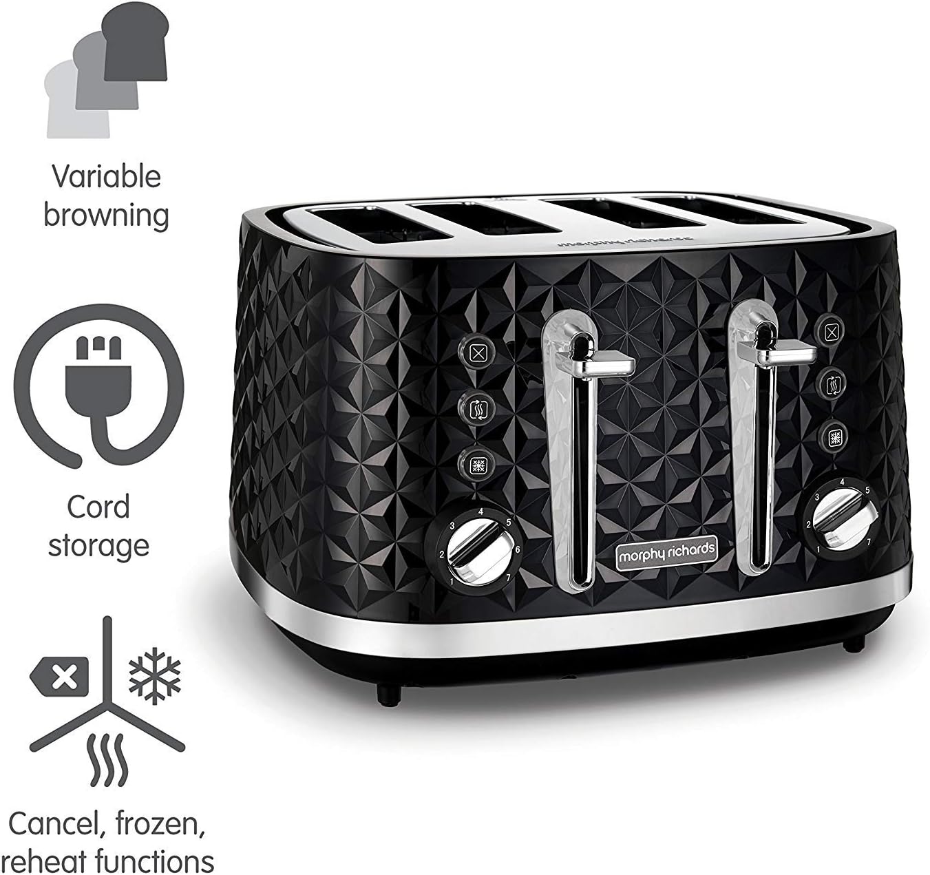 Richards Vector 4 Slice Toaster, High Gloss Geometric Design, Defrost and Reheat, Variable Width Slots, Removeable Crumb Tray, Black, 248131