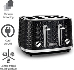 Richards Vector 4 Slice Toaster, High Gloss Geometric Design, Defrost and Reheat, Variable Width Slots, Removeable Crumb Tray, Black, 248131