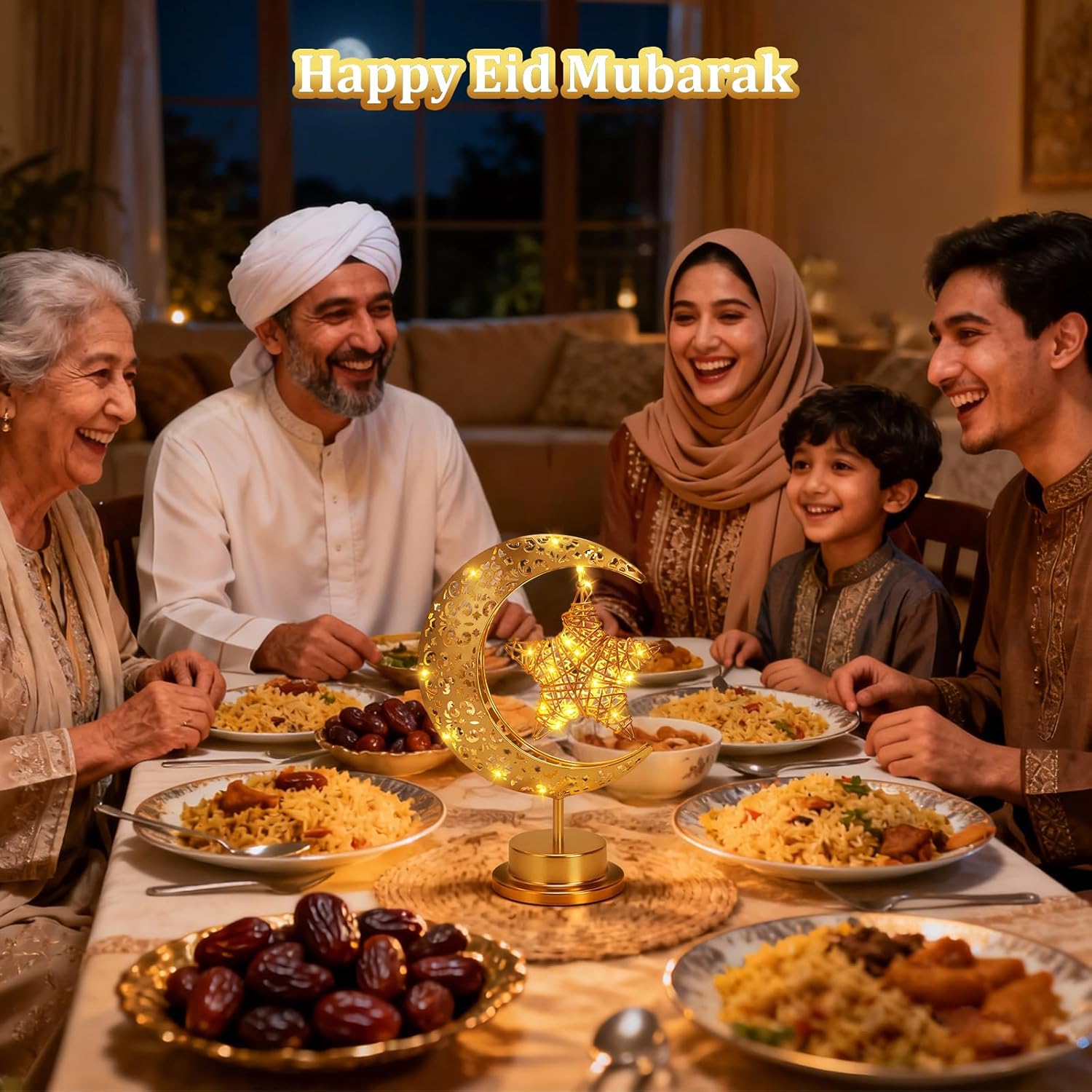 Ramadan Crescent Moon Table Lamp – Battery Operated Half Moon LED Night Light with Star Design, Eid Decorations for Bedroom & Home