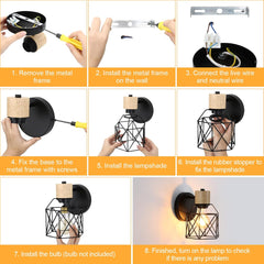 Lightess Industrial Wooden Wall Lamp – Retro Metal Cage Adjustable Wall Sconce, Indoor E27