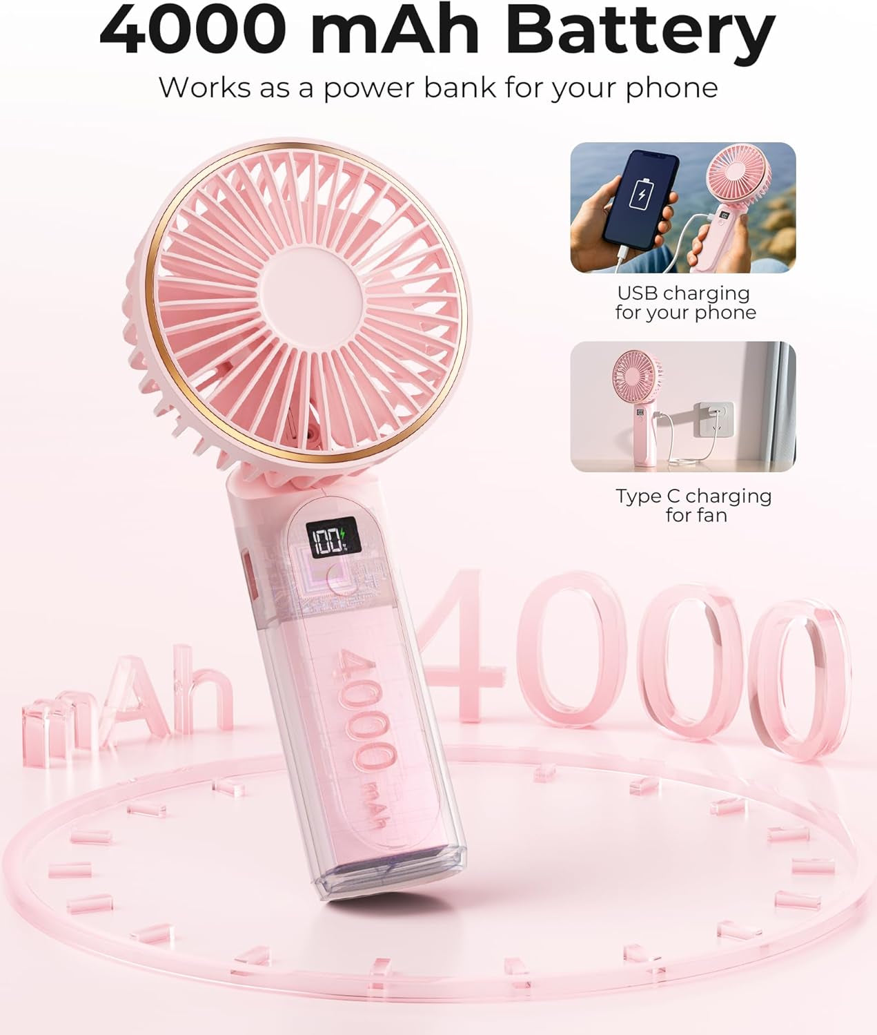 Handheld Portable Fan With 4000mAh, LED Display, 180° Adjustable Rechargeable, 6 Speed Power Bank for Home Office Bedroom Outdoor