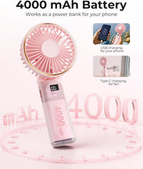 Handheld Portable Fan With 4000mAh, LED Display, 180° Adjustable Rechargeable, 6 Speed Power Bank for Home Office Bedroom Outdoor