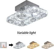 Crystal LED Ceiling Light Fixture, Square Flush Mount 3-Color Chandelier for Bedroom, Kitchen, Hallway