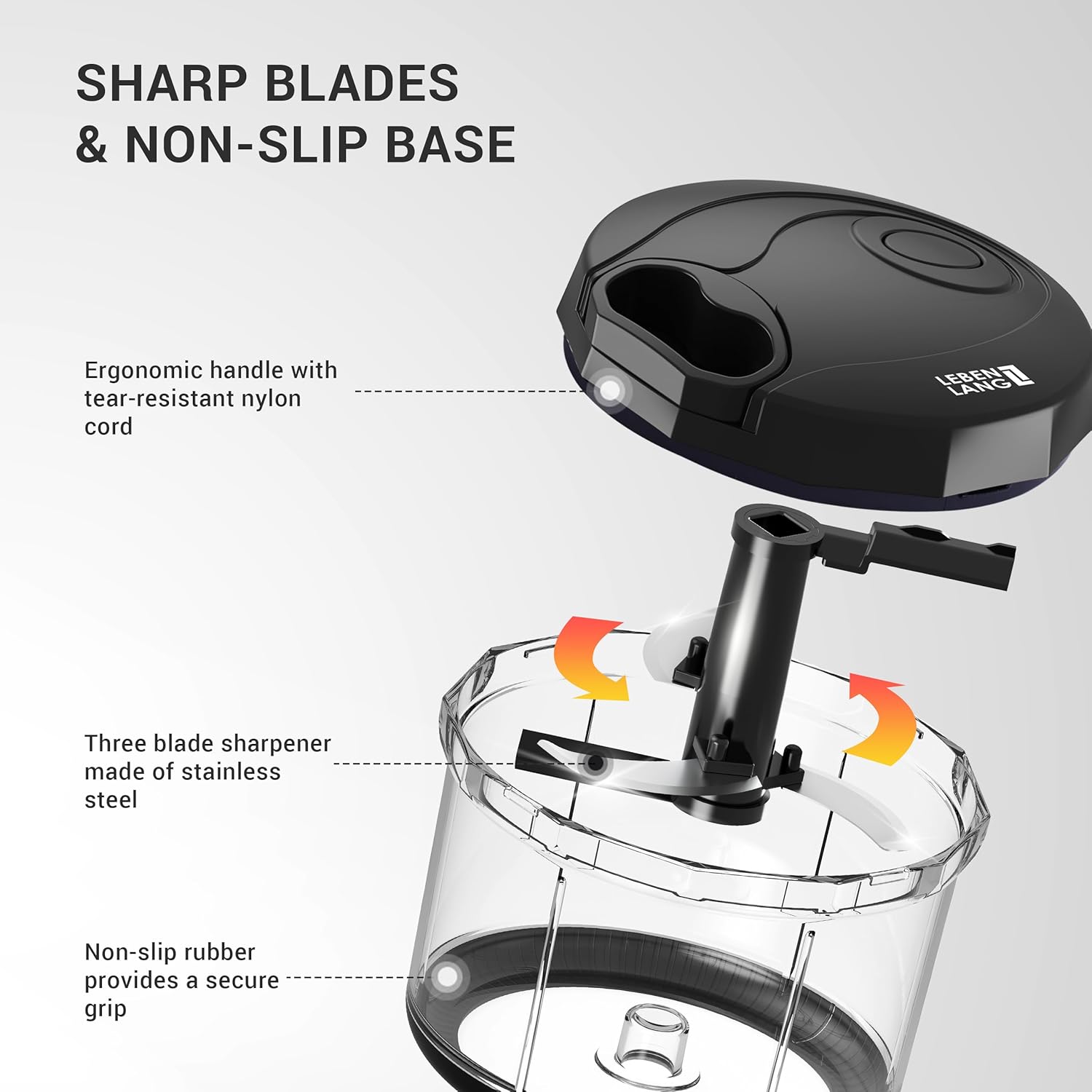 LEBENLANG Manual Food Chopper 1L with Lid & Whisk, BPA-Free Veg & Onion Dicer