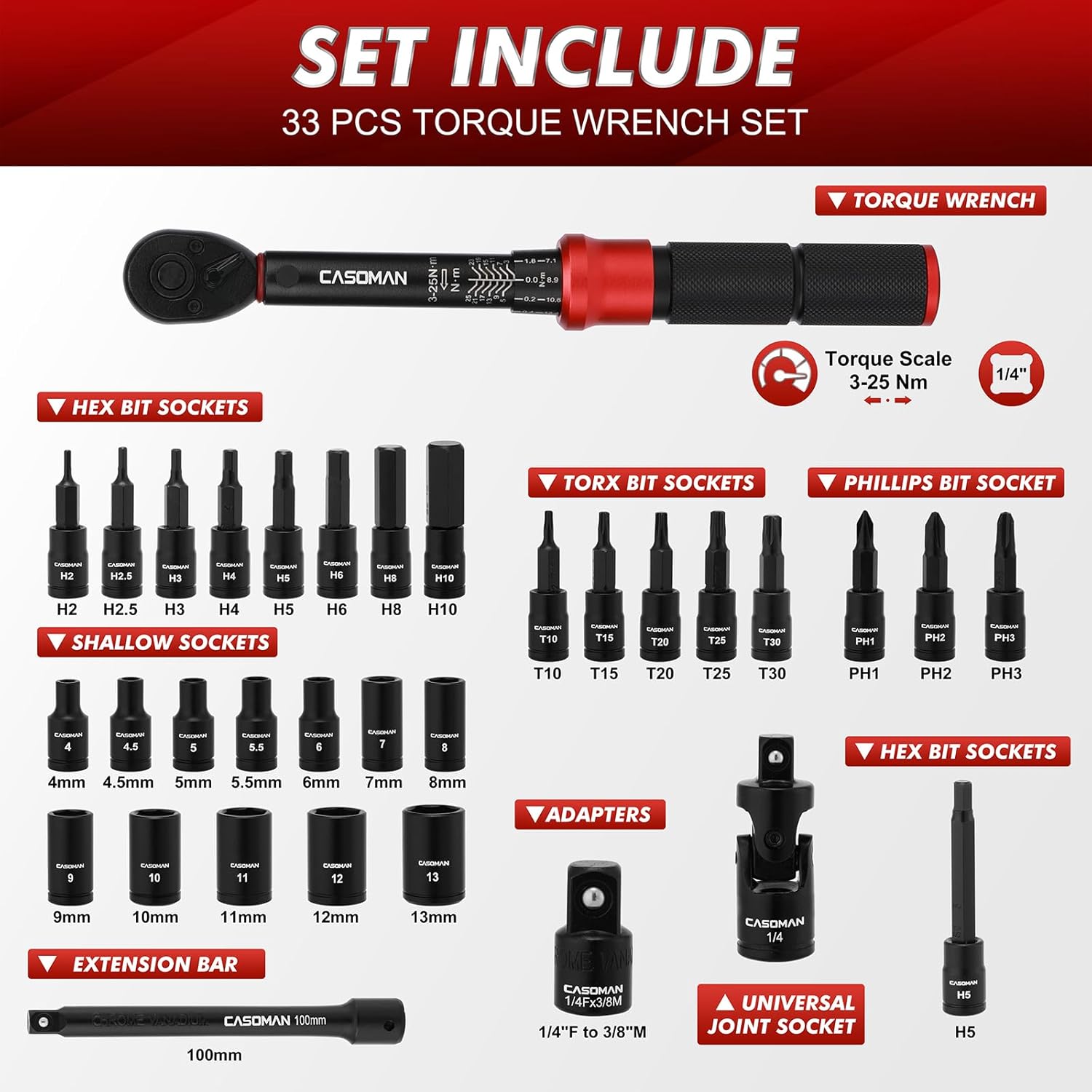 CASOMAN 33-Piece 1/4" Drive Torque Wrench Set 3-25Nm
