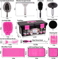 17Pcs Pink Car Cleaning Kit with Storage Box – Wash & Detailing Set for Women