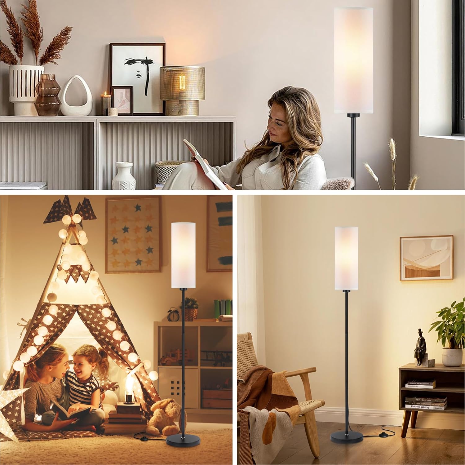 Collage of a woman reading to children in a cozy room with a floor lamp.