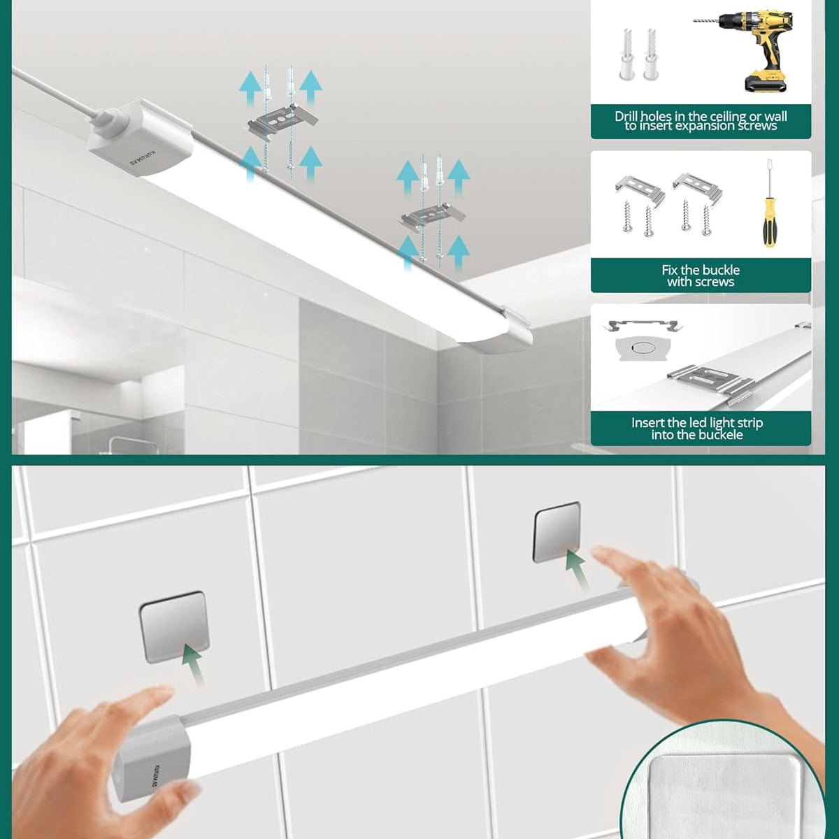 Installation guide for a LED strip light with two installation options on a tiled wall.
