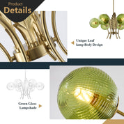 Chandelier with green glass lampshade and gold accents, featuring product details.
