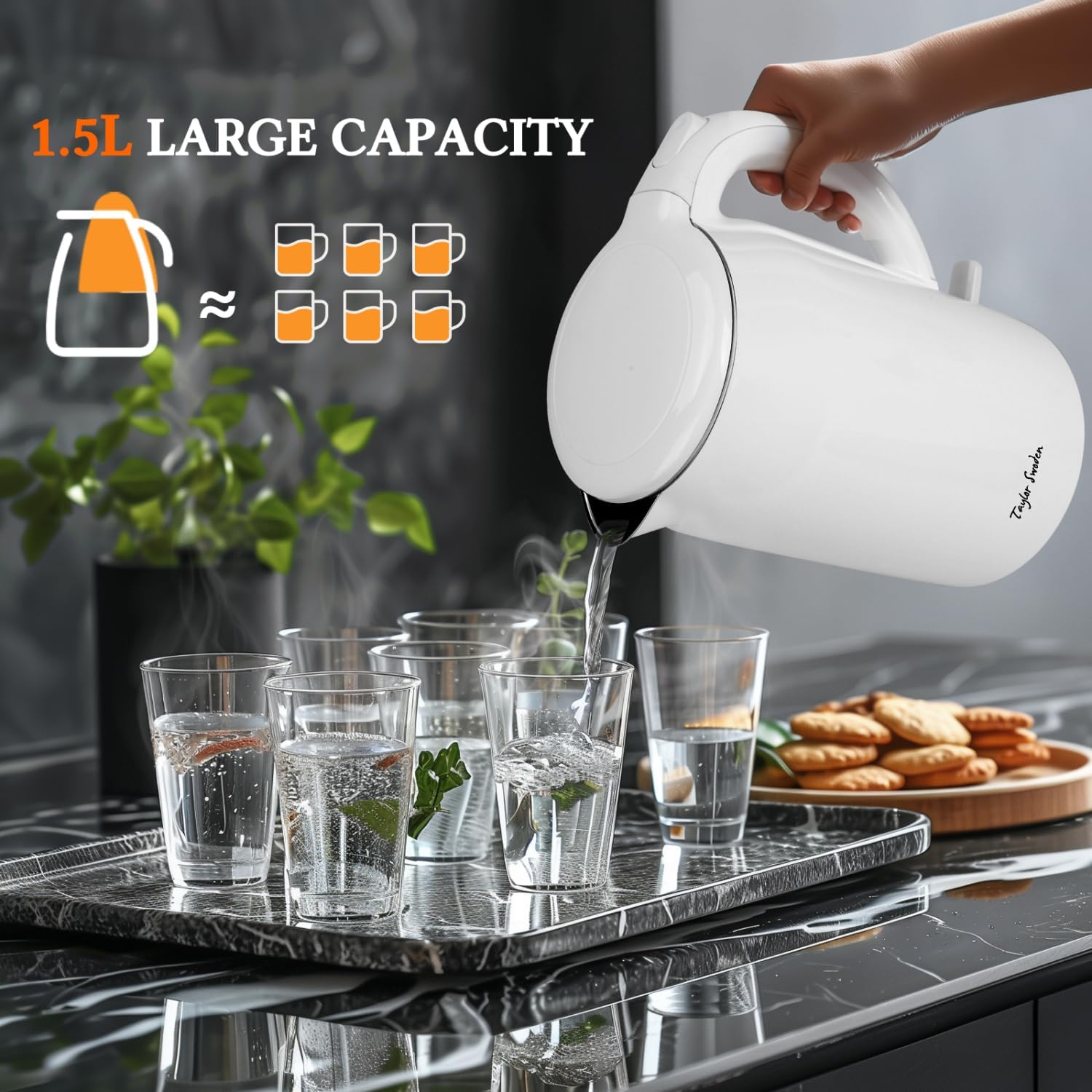 Taylor Swoden 1.5L Electric Kettle – Double Wall Insulated Cordless Kettle, 2200W Fast Boil, Cool Touch, Quiet Boiling, White