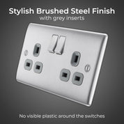 Double Switched Brushed Steel Power Socket 13A