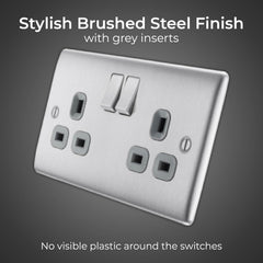 Double Switched Brushed Steel Power Socket 13A