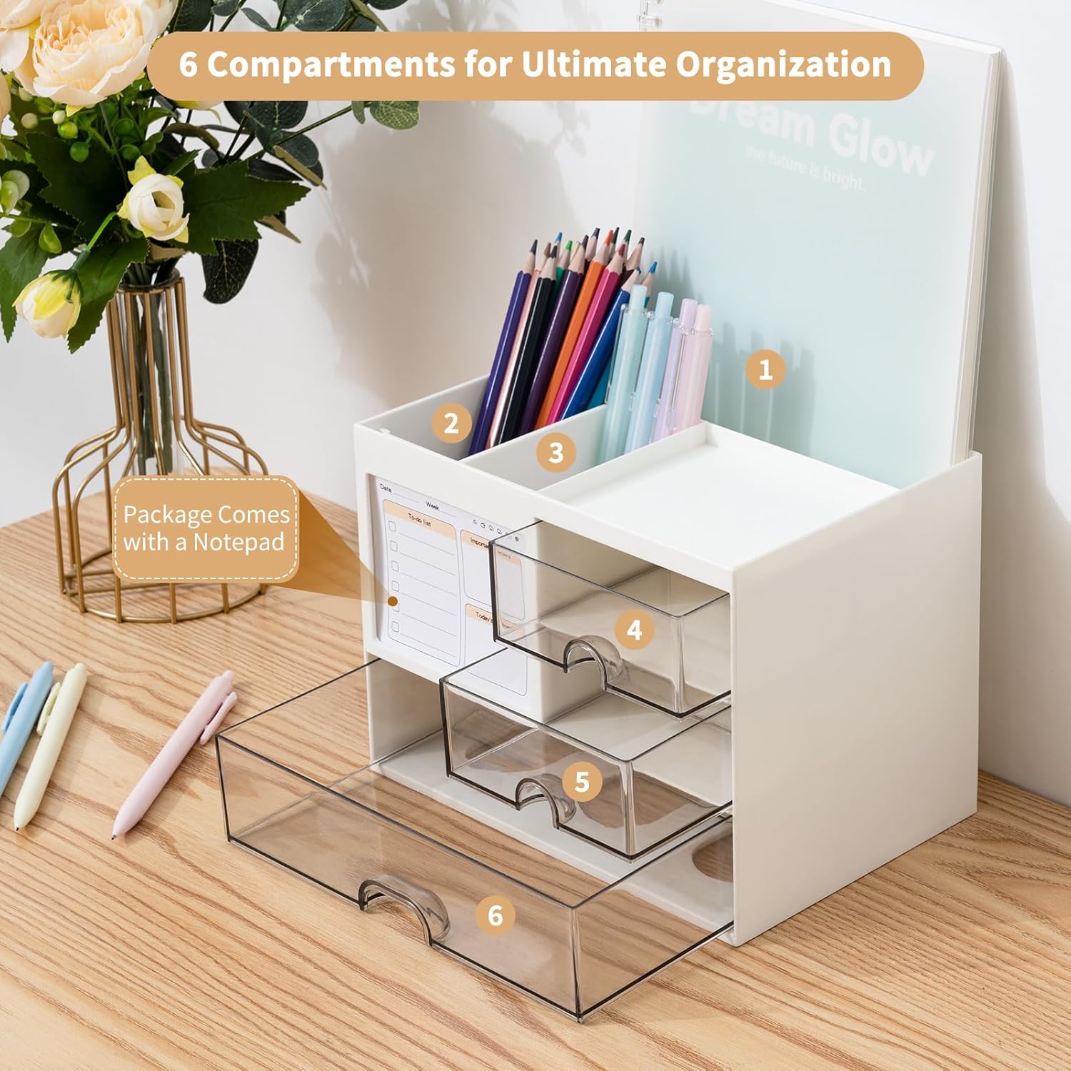 White Desk Organizer with 3 Drawers – Large Stationery & Makeup Storage Box