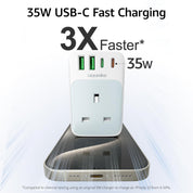 Multi Plug Socket Adapter with 35W PD USB-C Fast Charge, 2 USB-A & 2 USB-C Ports