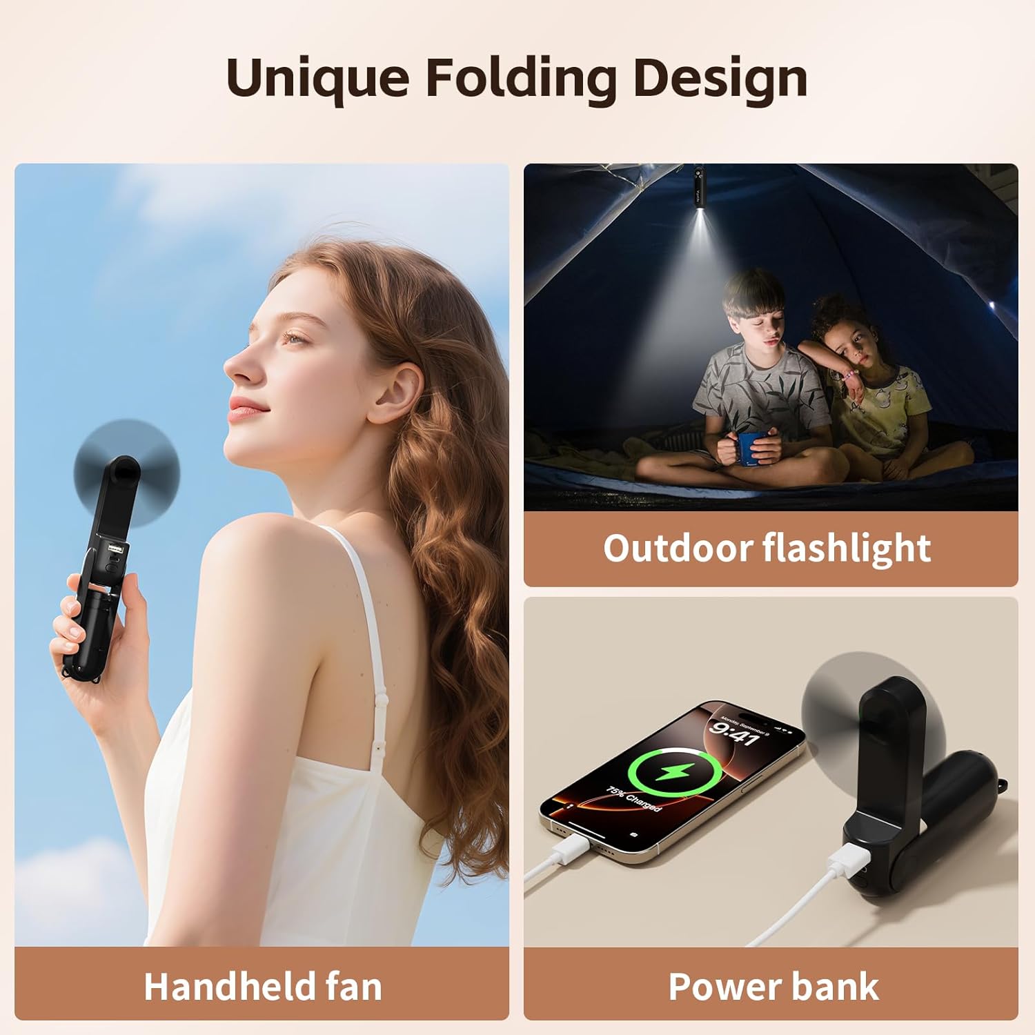 3 in 1 Foldable Handheld Mini Fan with Power Bank