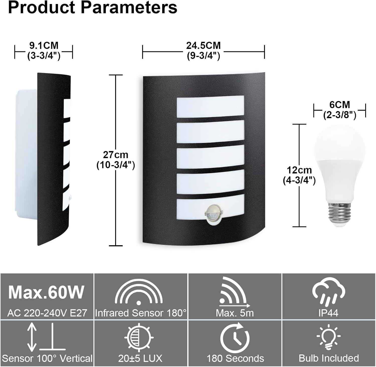Outdoor Wall Lights with PIR Motion Sensor, Curved Mains Powered Black IP44 Waterproof Wall Lamp with 12W Warm White LED Bulb for Front Door, Porch, Stairway