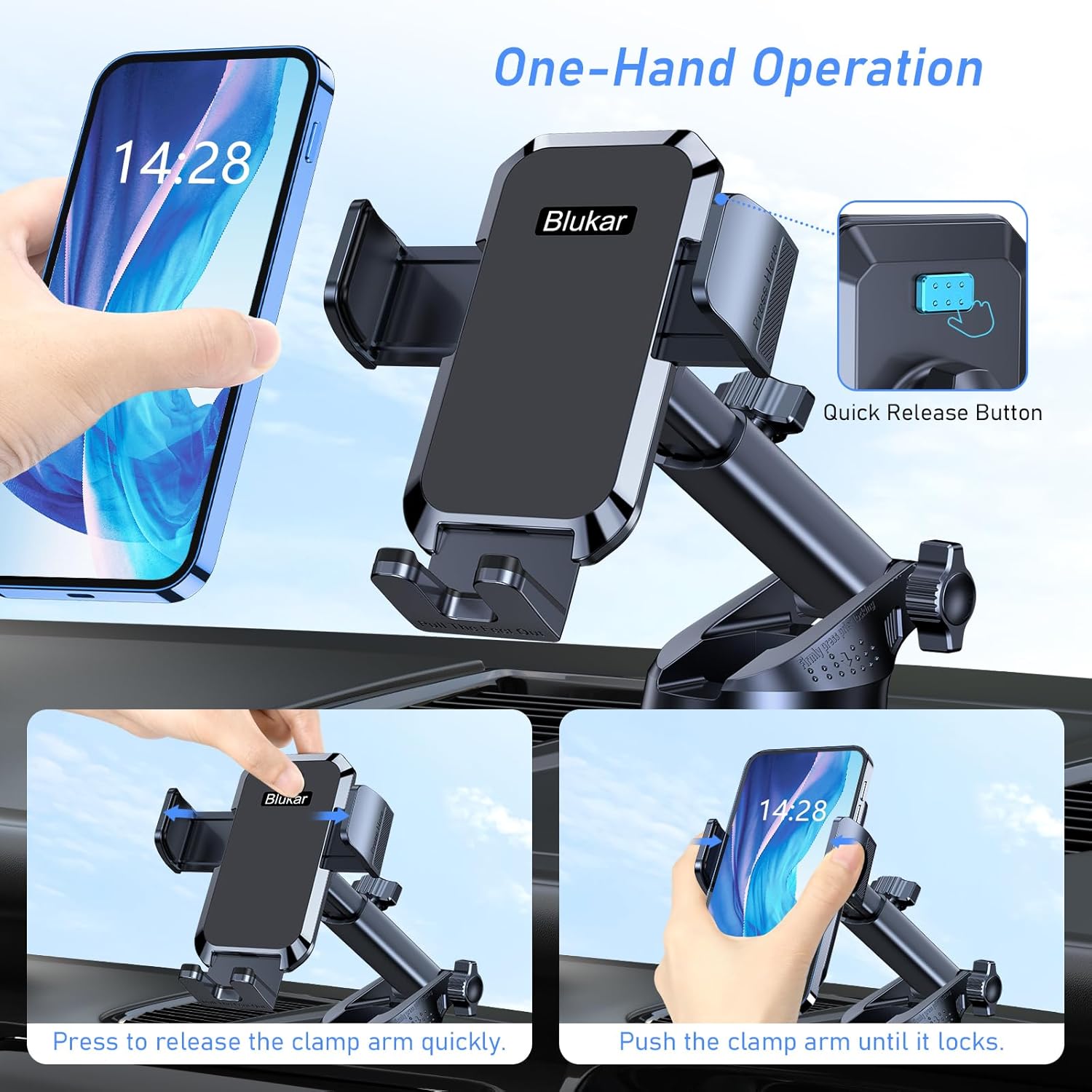 Blukar Black Car Phone Holder 360° Adjustable Mount with Strong Suction & One-Touch Release