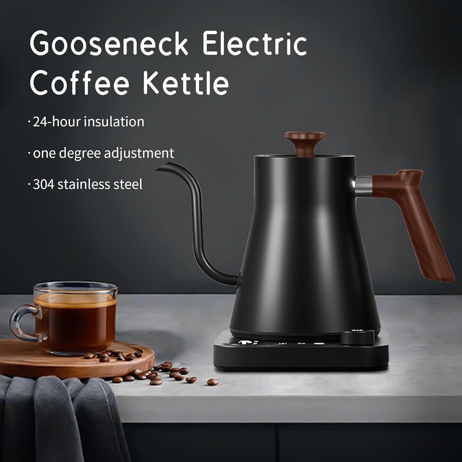 RHD Electric Gooseneck Kettle 0.9L – LCD Display, Real-Time Temp Control, 1200W Fast Heat, 304 Stainless Steel, Matte Black