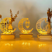 Wooden Ramadan Crescent Moon LED Table Light, Battery Powered Eid Decorative Lamp for Home & Festive Display