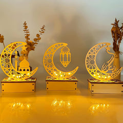 Wooden Ramadan Crescent Moon LED Table Light, Battery Powered Eid Decorative Lamp for Home & Festive Display
