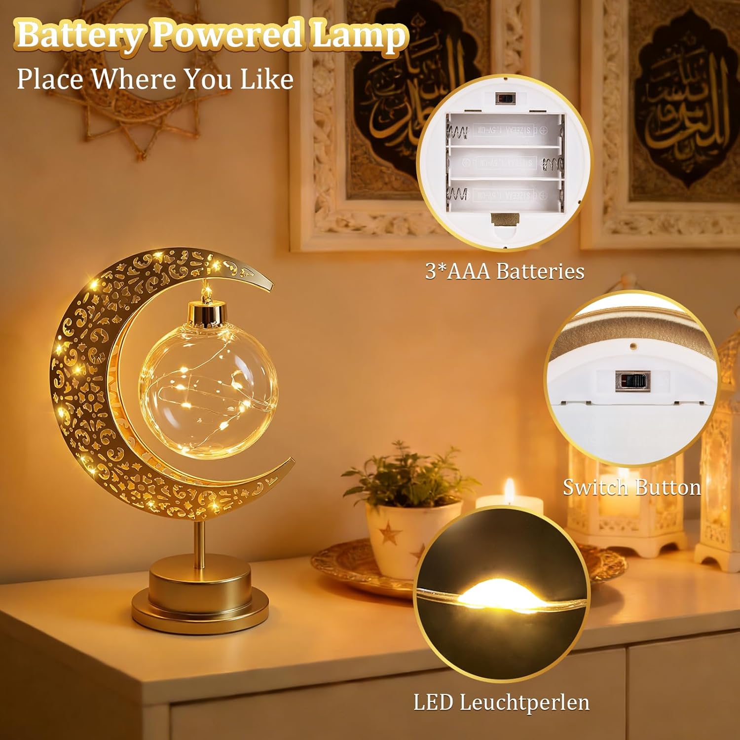 Ramadan Crescent Moon Table Lamp – Battery Operated Metal Half Moon LED Night Light with Star Design, Eid Bedside Decoration for Home & Bedroom