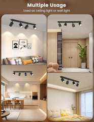 Track light fixture used as ceiling and wall light in various indoor settings.