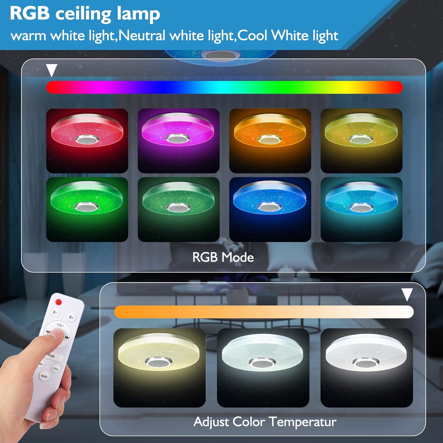 RGB ceiling lamp with color selection and temperature adjustment options, shown with a remote control.