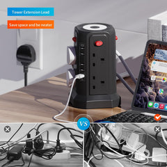 Tower Extension Lead 8-Way with 5 USB Ports & Night Light, Surge Protected Power Strip 1.8M