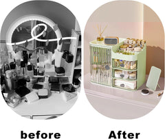 Large Capacity Green Makeup Organizer with Mirror, 3-Drawer Dustproof Cosmetic Box