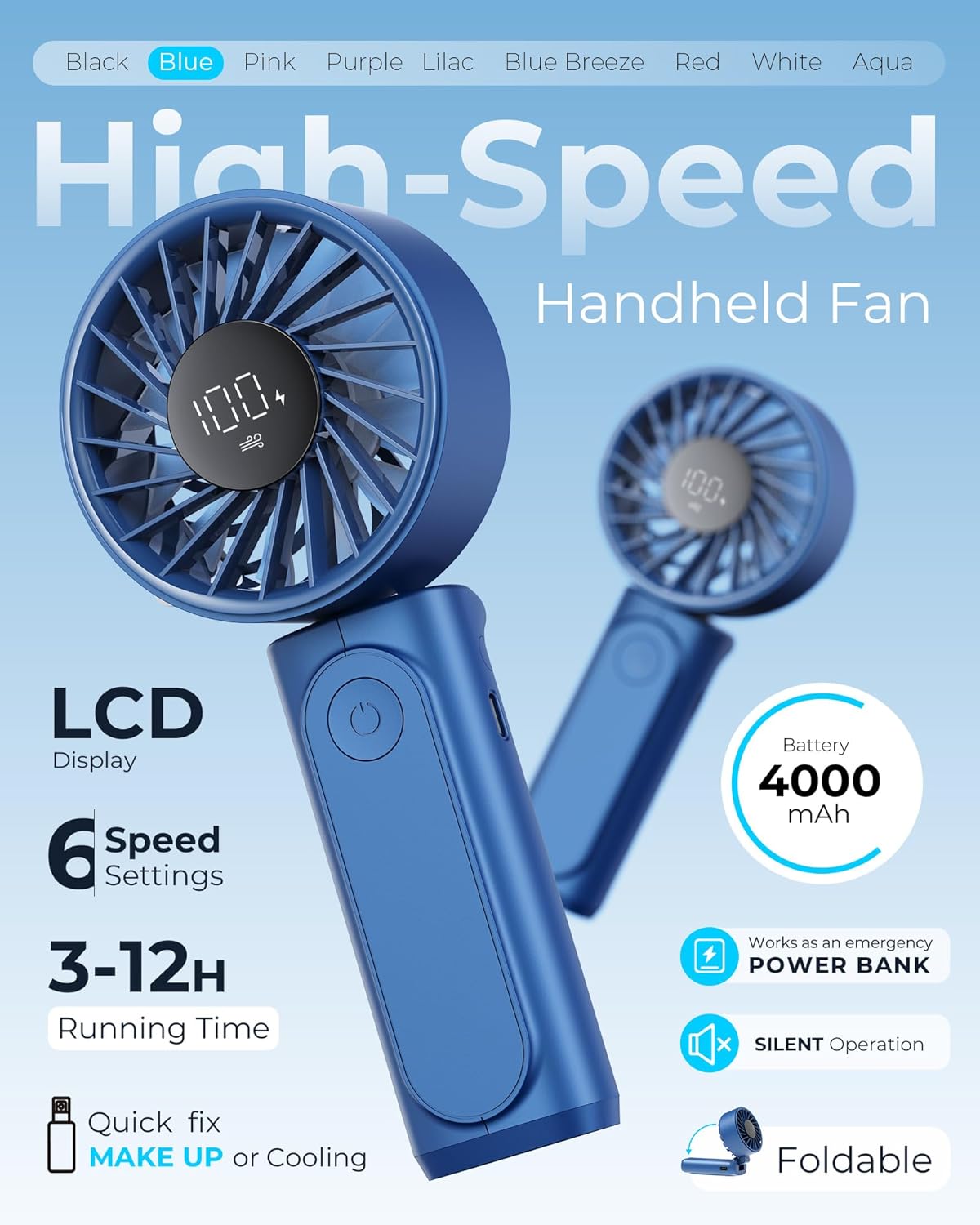 Portable Handheld Fan 4000mAh LED Display 6-Speed Foldable