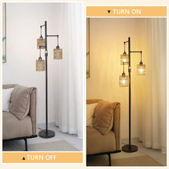 Floor lamp with three lampshades in a living room setting, showing 'Turn On' and 'Turn Off' states.