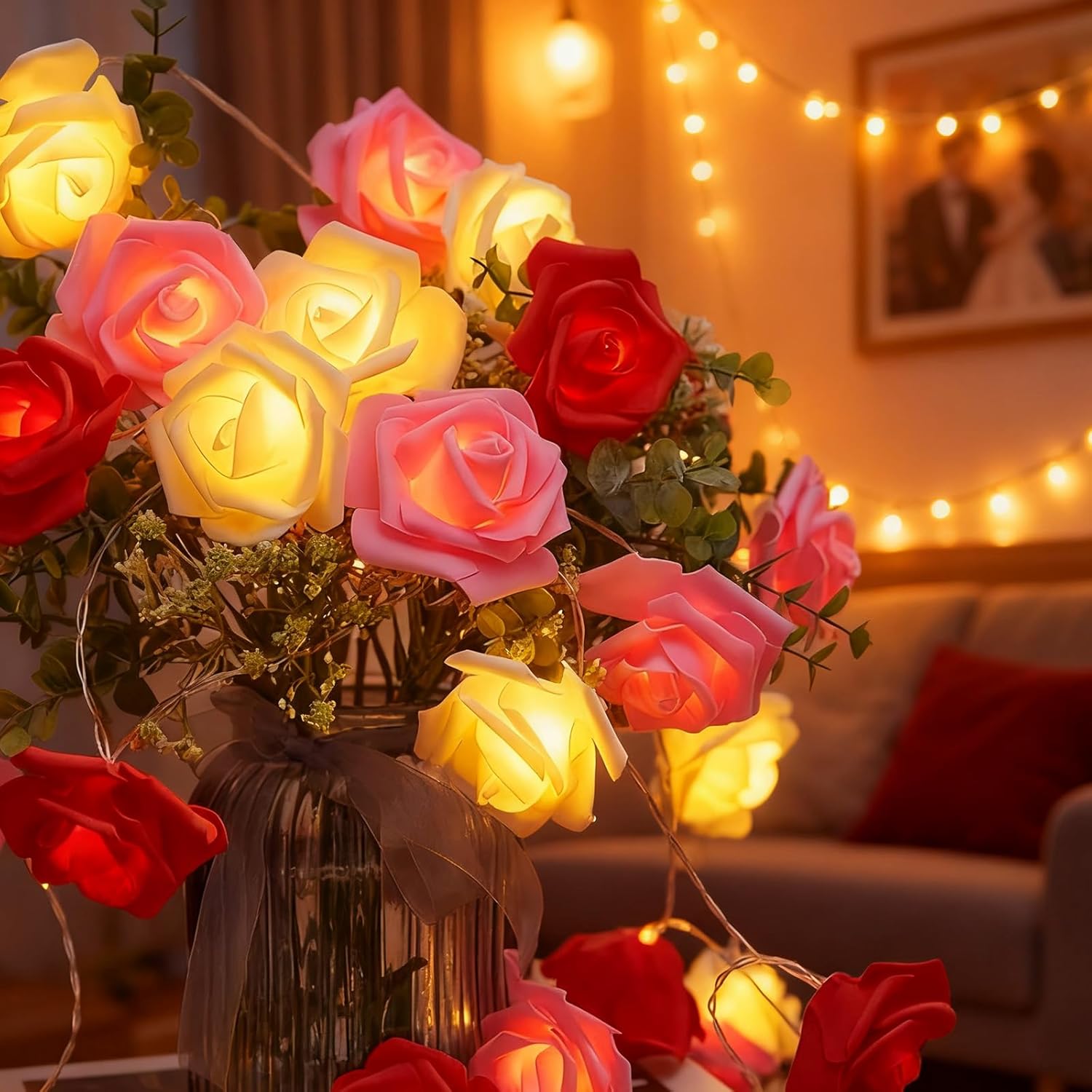 Rose Flower Fairy String Lights 6M with 40 LEDs, Battery Operated Decorative Lights for Romantic Indoor Décor