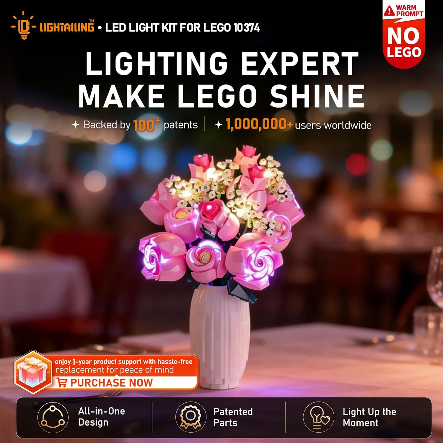 Light Kit for Lego 10374 Bouquet of Pink Roses – Easy Install & Hidden Wiring