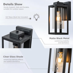 Outdoor wall light fixture with clear glass shade and matte black metal frame, suitable for outdoor use.