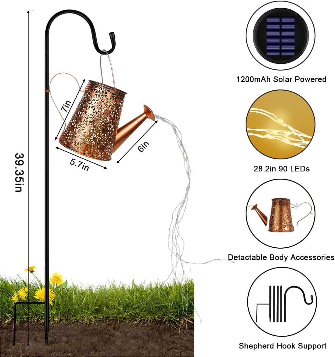 Watering Can Solar Lights Garden, 90+1 LED Solar Garden Ornaments Outdoor Light, IP65 Waterproof Warm Watering Garden Light with Fairy Lights for Garden, Patio(with Bracket)