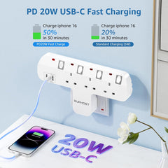 3-Way Plug Extension Socket with 180° Rotating Plug, 2 USB-A & 1 USB-C PD 20W, 13A Adapter