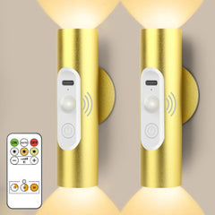 Two gold wall-mounted lights with remote control on a beige background