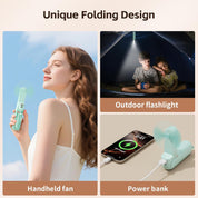 Mini Handheld Fan,USB Rechargeable 3 IN 1 Personal Cooler Fans with Power Bank,LED Flashlight,Small Foldable Pocket Fan-Travel & Emergency Essentials for Outdoor Portable Cooling Fan (Cyan)