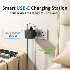 3-Way Plug Extension Socket with 4 USB Ports, 13A 3250W Multi Plug Adapter