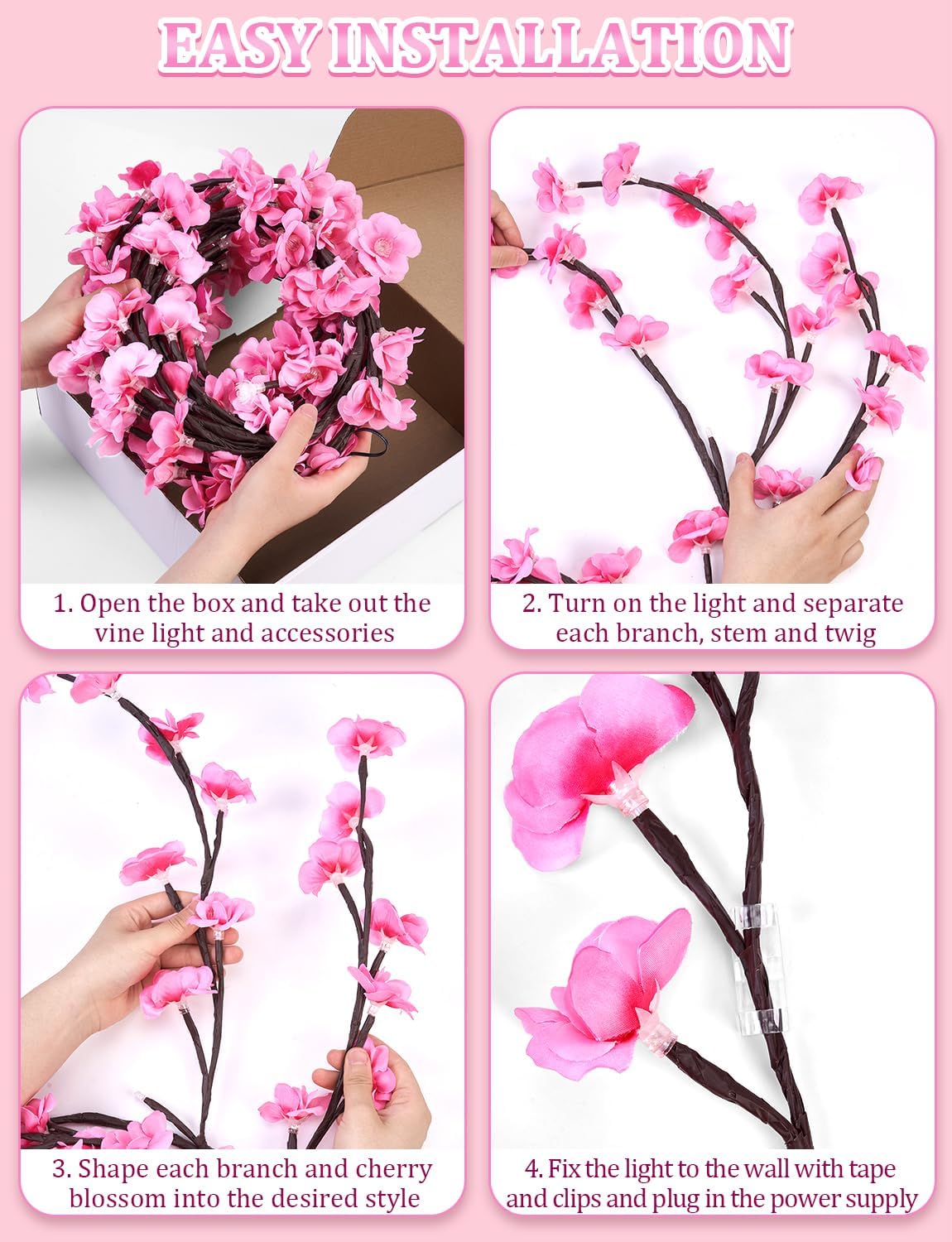 LED Cherry Blossom Vine Wall Lights with Remote and Timer, 144 LED Fairy Branch Lights for Bedroom Wall Art and Indoor Christmas Décor