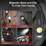 Light device with magnetic base and clip features, shown in various use cases.