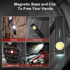Light device with magnetic base and clip features, shown in various use cases.